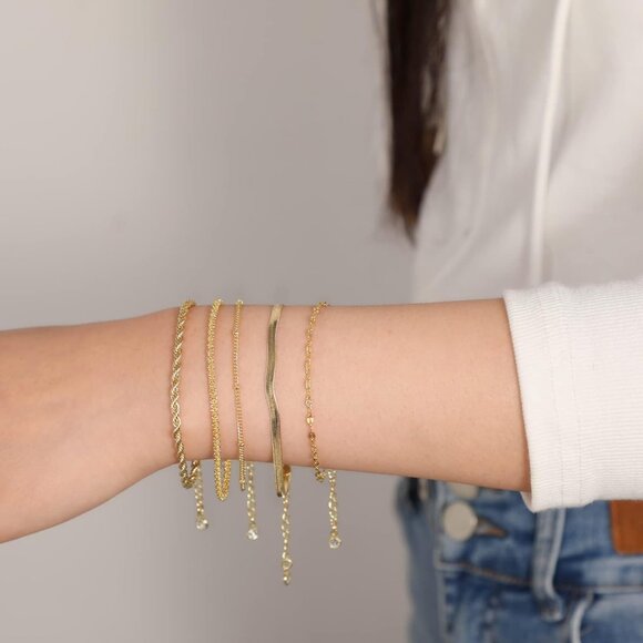 🆕 Women Gold Trendy Dainty Cross Bracelet 14k Beaded Herringbone Chain Jewelry - Picture 3 of 9